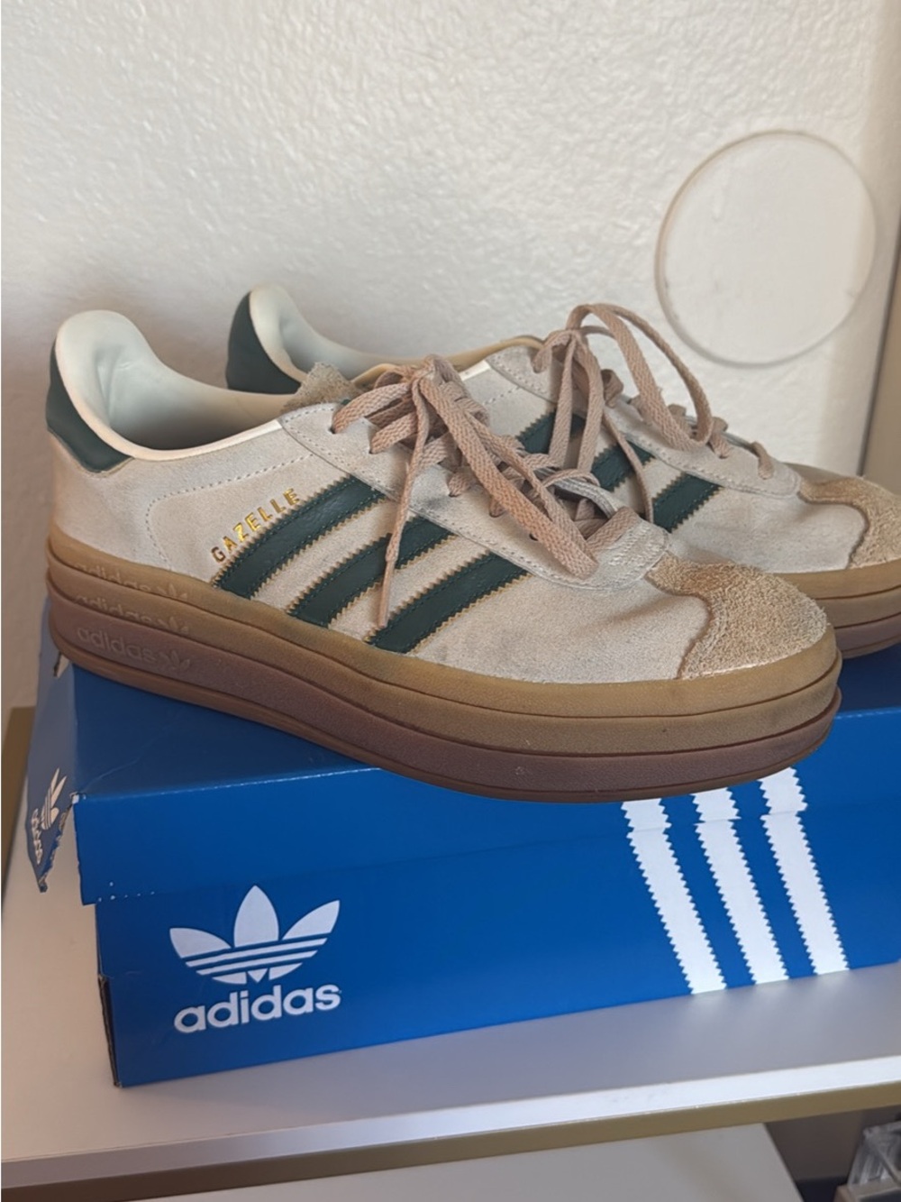 adidas Gazelle Bold Suede Sneakers in Beige & Dark Green
